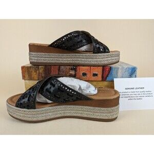 Bella Vita Exa-Italy Platform Sandals Womens 7 M Black Leather Wedge Shoes NWB